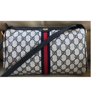 Authentic Vintage Gucci Ophidia Web Navy Monogram Canvas Leather Crossbody Bag